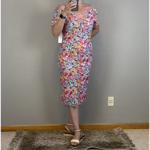 Rene Ruiz Collection Illusion Neckline Lace Cocktail Midi Dress Size 14 Floral - Picture 1 of 9